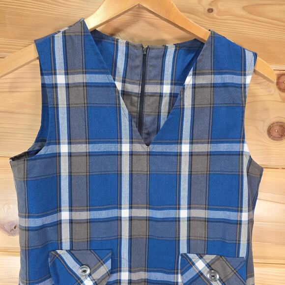 VTG Farrah's San Francisco Plaid Jumper Dress Size 14 Blue Brown USA 70s - Picture 2 of 12